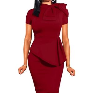 Peplum bodycon short sleeve bow club ruffle party dress